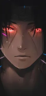 Dark anime character with red glowing eyes in a mobile wallpaper.