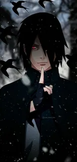 Mystical anime character with ravens in a dark forest.