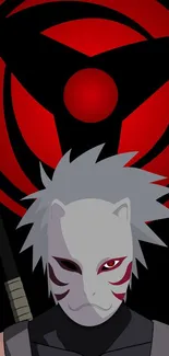 Anime character with a mask and vivid red background symbol.