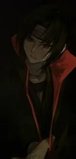 Mysterious dark anime character with red details.