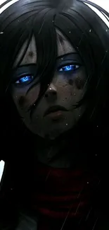 Dark anime character with blue eyes and black hair in a dramatic setting.