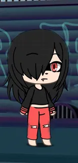 Dark anime character with black hair and red eyes.