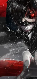 Dark anime character with red eye and hood in rainy scene.