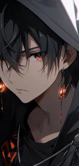 Dark anime character with hood and glowing orange eyes.