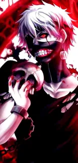 Dark anime character with white hair and a mask in vivid red tones.