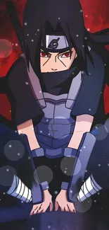 Dark-themed anime character with red background.