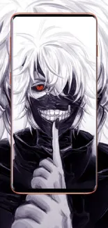 Dark anime character with white hair and intense expression on a phone wallpaper.