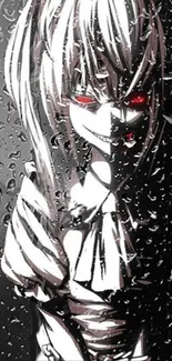 Dark anime wallpaper with red-eyed character in rain.