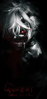 Dark anime character with red eyes and eerie grin, black background.