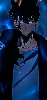 Dark anime character with vibrant blue background.