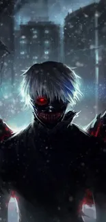 Anime character with red eyes in a snowy city setting.