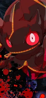 Anime creature with red eyes on a dark background.