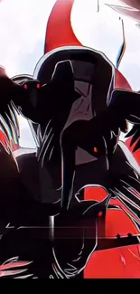 Dark anime wallpaper with crows and red accents.