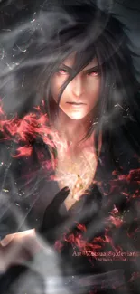 Dark anime character with fire magic glow, perfect for mobile wallpaper.