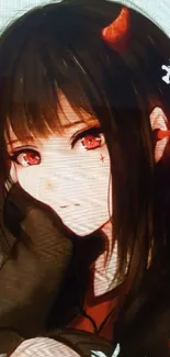 Dark anime girl with red accents and an intense gaze.