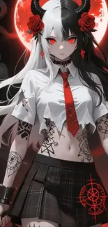 Anime girl with tattoos and red moon background