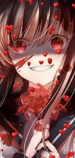 Dark anime girl with red eyes and flowers, expressive and mysterious.