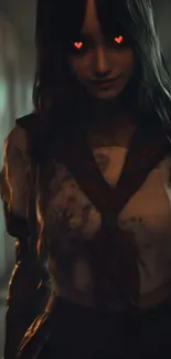 Dark anime girl with heart-shaped glowing eyes in hallway.