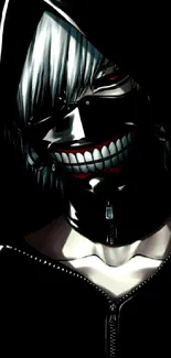 Dark hooded anime character with an eerie smile.