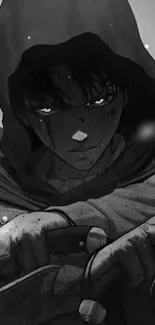 Mysterious hooded anime figure in grayscale art.