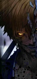 Dark anime character with mask and glowing yellow eyes on mobile wallpaper.