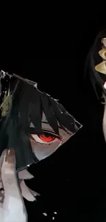 Dark anime art with mask, red eyes, and golden embellishments.