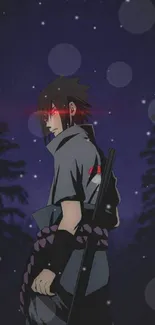 Dark anime character in a night forest scene on mobile wallpaper.