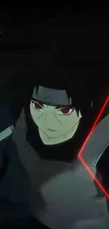 Dark anime ninja with glowing red eyes and sword in black tones.