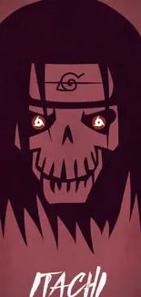 Dark anime skull with fiery eyes on a burgundy background.