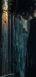 Dark anime character standing in a rainy street scene.
