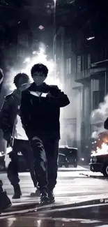 Dark anime street scene with figures and dramatic lighting.