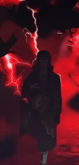 Dark anime red lightning storm with mysterious figure.