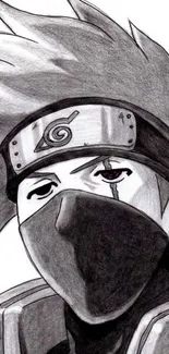 Black and white anime warrior character with mask and headband.