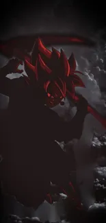 Dark anime warrior with red highlights and cloudy background.