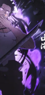 Dark anime warrior with purple glow and sword in striking pose.