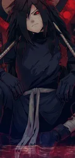 Dark anime warrior sits with intense red backdrop, perfect for mobile wallpaper.