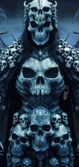 Skull-armored warrior in dark fantasy setting, eerie blue tones.