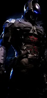 Dark armored hero in a striking pose against a black background.