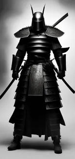 Dark-armored samurai warrior standing with swords drawn, exuding mystery and power.