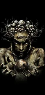 Dark art wallpaper with mystical figure and intricate headpiece on a black background.