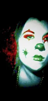 Clown face with colorful makeup on a black background, artistic wallpaper design.