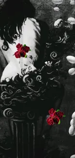 Mysterious figure with red roses on black artistic wallpaper.