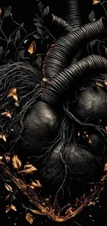 Dark heart with black textures and golden leaves.