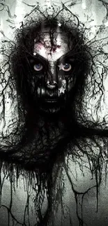 Haunting abstract figure on dark background with horror elements.