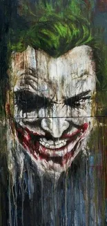 Dark artistic depiction of the Joker with green hair and sinister smile.