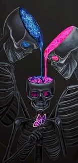 Three skeletons with neon colors in a dark artistic wallpaper.