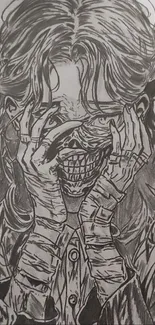 Black and white artistic sketch of a masked figure with intricate details.