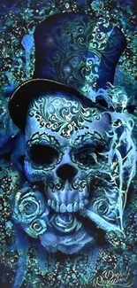 Dark skull with blue design and top hat wallpaper.