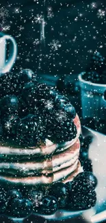 Dark moody wallpaper of pancakes with berries and dripping syrup.