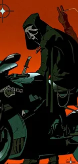 Illustration of masked biker on a motorcycle against an orange backdrop.